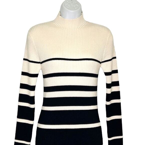 Stitchdrop Ribbed Black Cream Striped Mock Neck Midi Sweater Dress - Picture 3 of 9